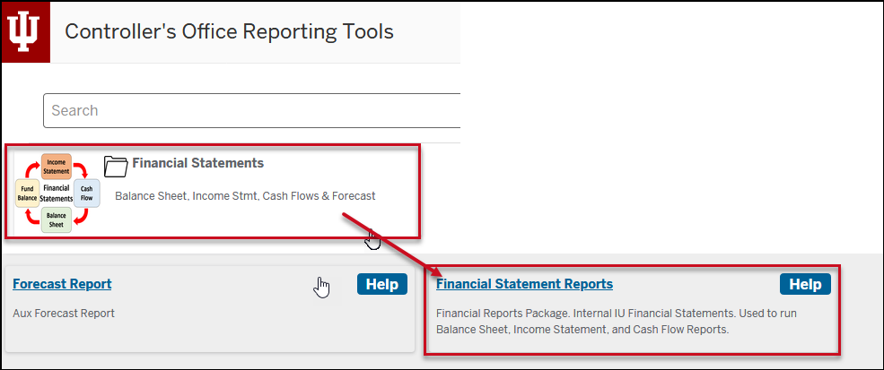 Screen displays the Financial Statement Reports tile