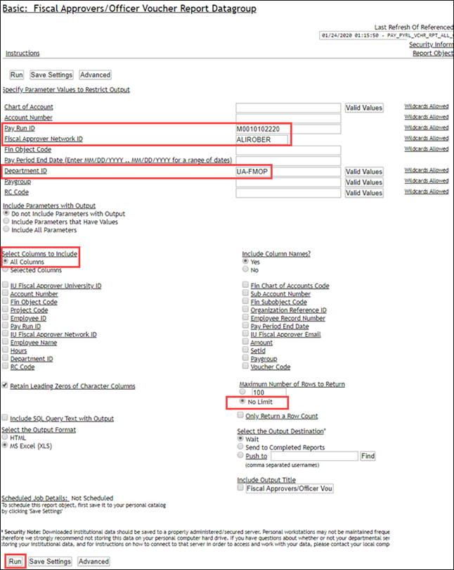 Screenshot of Fiscal Approvers/Officer Voucher Report Datagroup Query